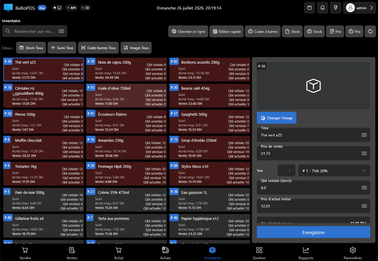 The BelloPOS inventory screen: stock levels for every product next to the product record being edited