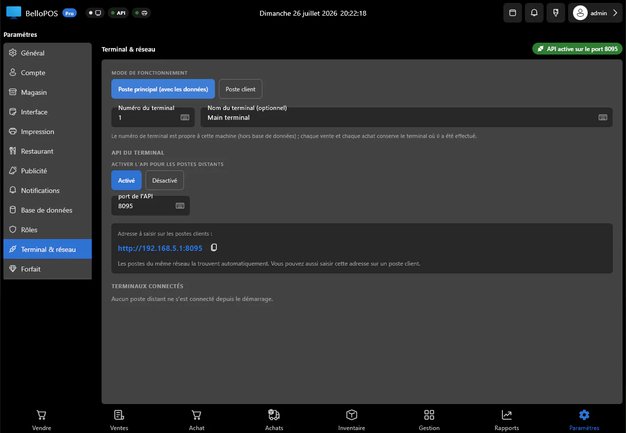 Terminal and network settings in BelloPOS: the main till serves its database to the other tills over the local network, with no internet