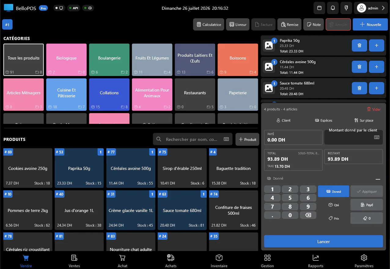 BelloPOS checkout screen on Windows: category tiles, the product grid, the cart and the cash keypad