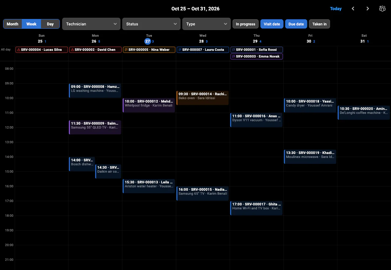 The BelloPOS service calendar: a week of repair appointments and due dates, coloured by status, with the technician on each