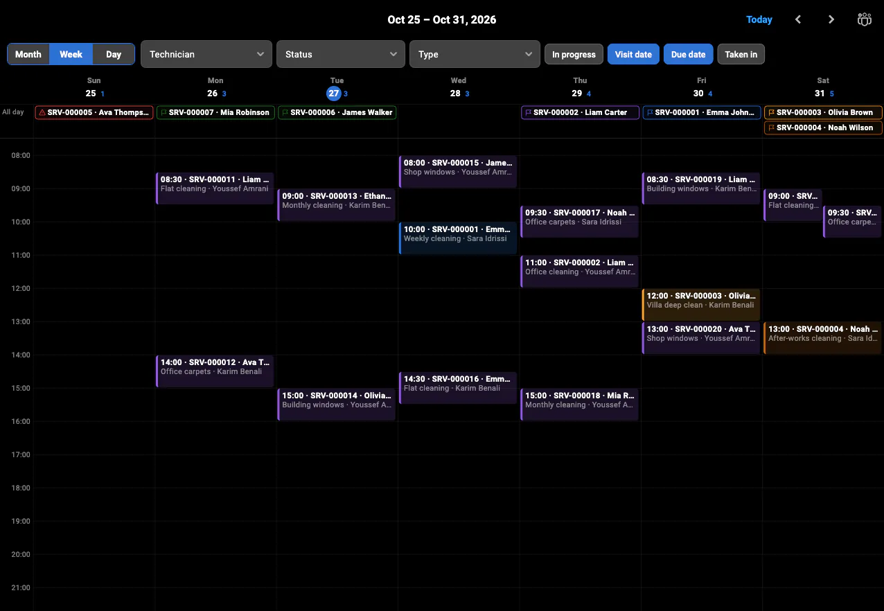 The BelloPOS calendar for a cleaning company: a week of visits for three team members