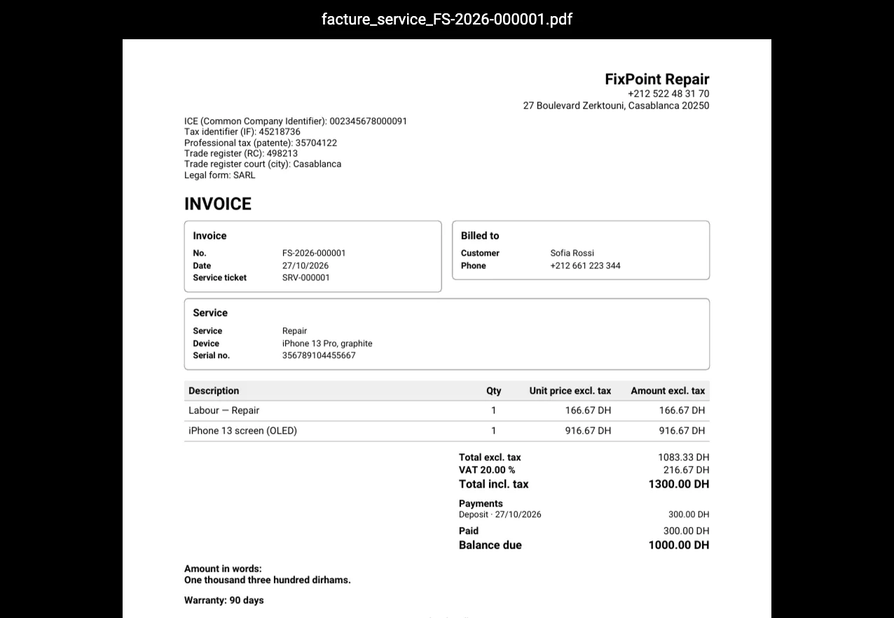 A BelloPOS invoice for a repair: its own FS number, labour and parts, VAT and the total in words