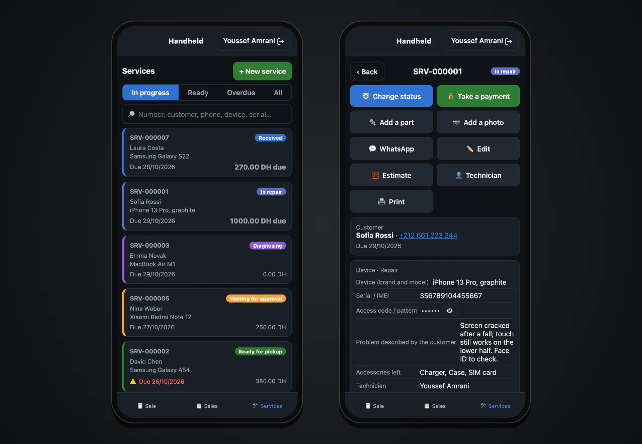 The BelloPOS staff phone app: the repair tickets and an open ticket on a technician's phone