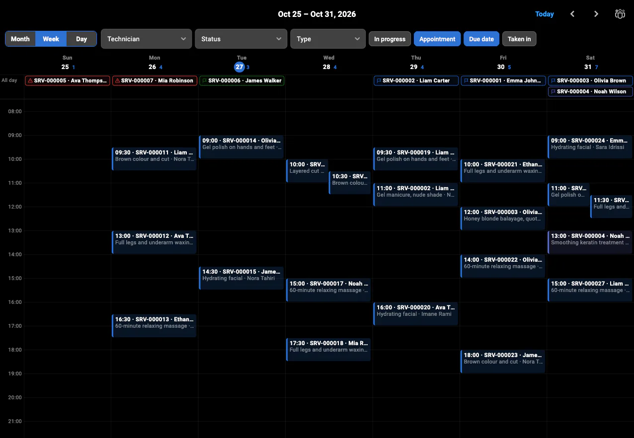 The BelloPOS calendar for a salon: a week of appointments for three staff members