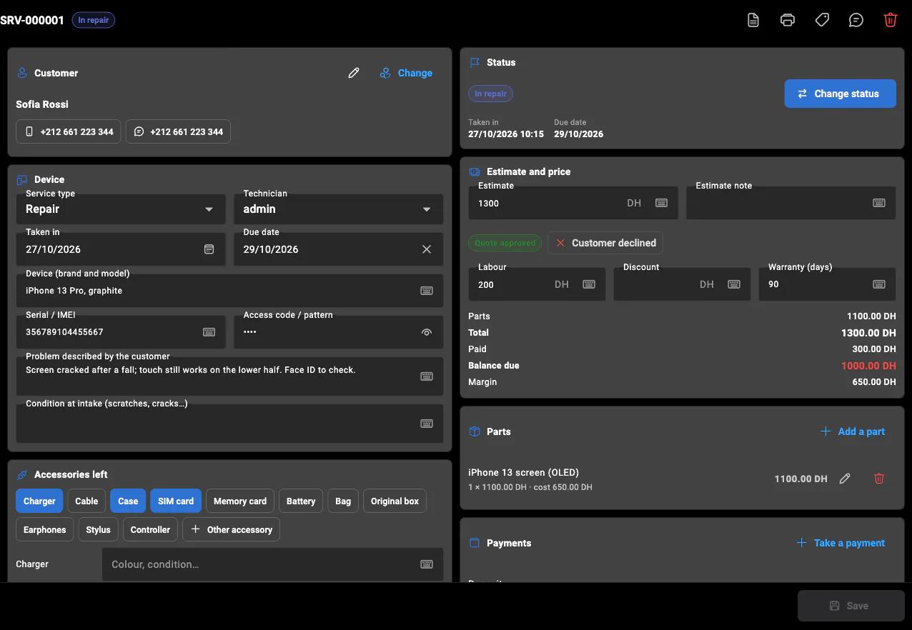 A BelloPOS repair ticket: customer, device, accessories left, estimate, parts and payments