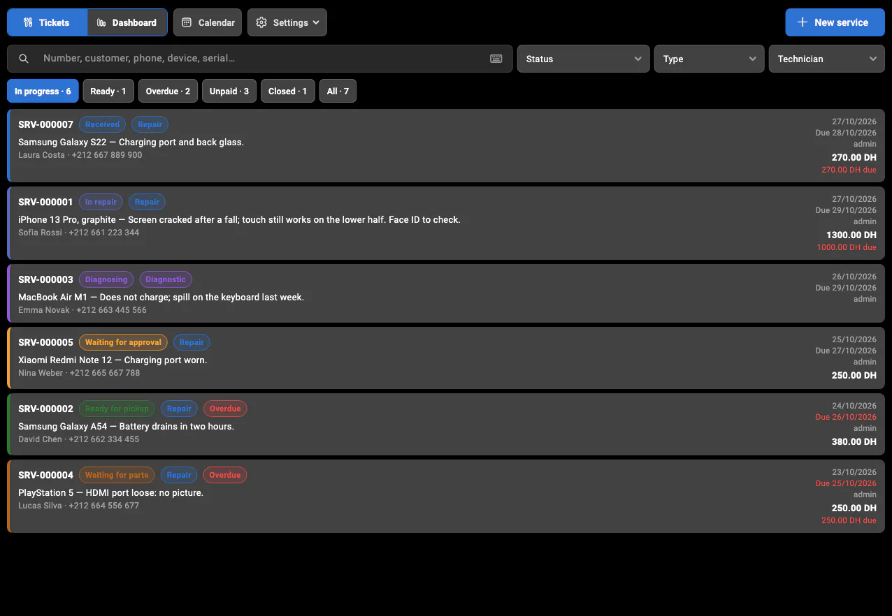 BelloPOS Services: the list of repair tickets with their status, customer, due date and balance