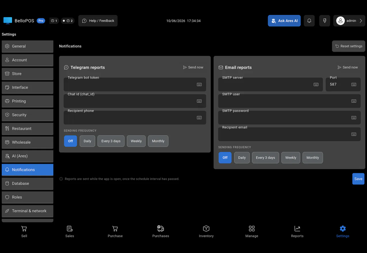 Kennisgewing-instellings in BelloPOS: verslae outomaties per Telegram of e-pos gestuur