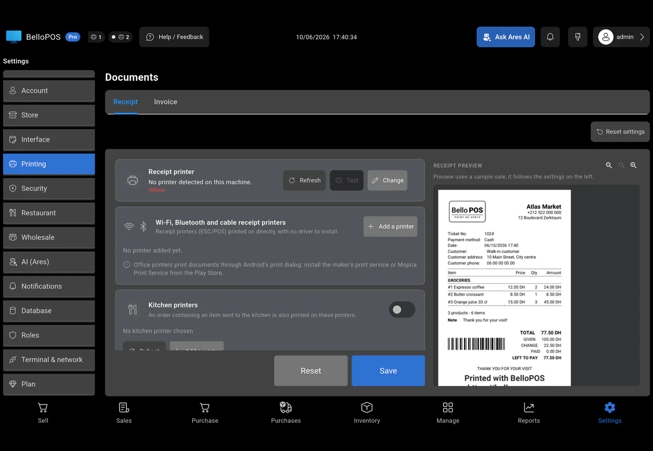 Strokiedrukker-instellings in BelloPOS, met 'n lewendige voorskou van die gedrukte strokie