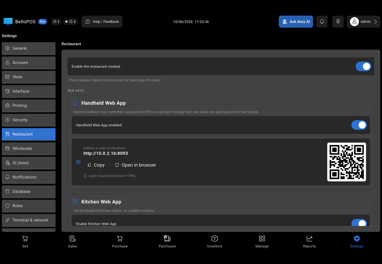 Restaurantinstellings in BelloPOS: die restaurantmodule en die handtoestel- en kombuis-webapps